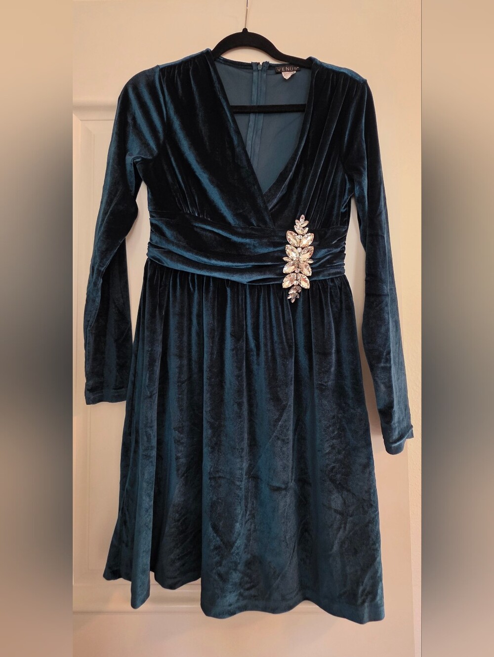 VENUS Teal Velvet Long Sleeve Dress with Jeweled Brooch